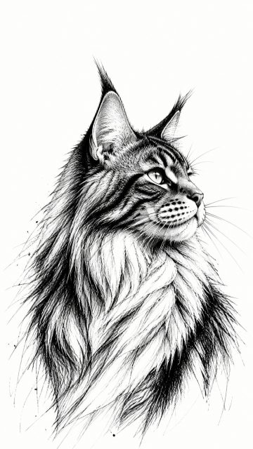Maine Coon Cat Ink Sketch Line Art Portrait Wallpaper