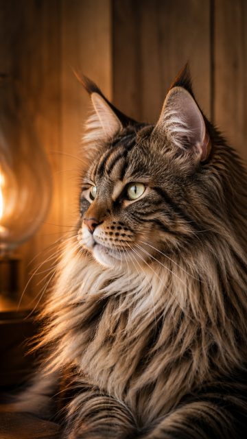 Maine Coon Cat Close Portrait in Warm Indoor Light Wallpaper