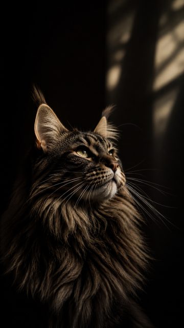 Maine Coon Cat Looking Upward in Shadow Light Wallpaper