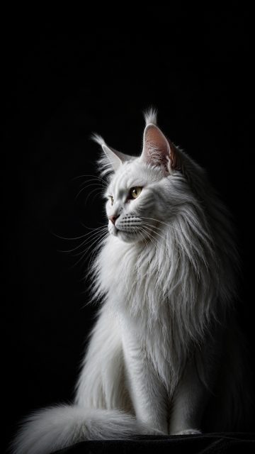 Maine Coon Cat White Fur in Dark Contrast Portrait Wallpaper