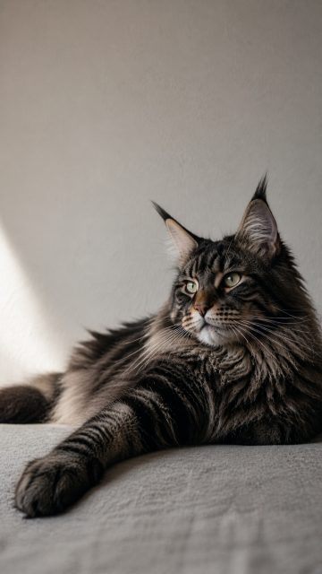 Maine Coon Cat Lying Stretched in Soft Indoor Light Wallpaper
