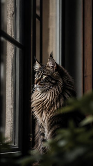 Maine Coon Cat by Window Frame with Shadow Lines Wallpaper