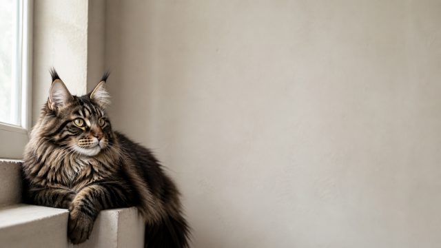 Maine Coon Cat Resting by Window with Open Right Space Wallpaper
