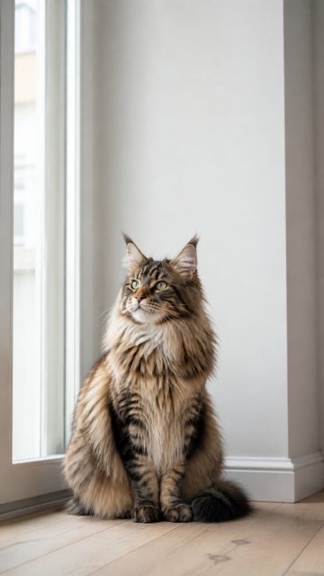 Maine Coon Cat Sitting in Soft Window Light Wallpaper