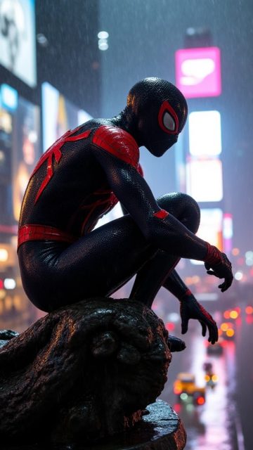 Miles Morales on a Rainy Rooftop Wallpaper