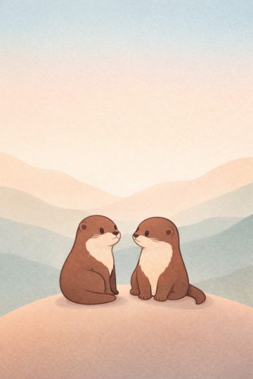 Minimal Otters Sitting in Pastel Landscape Cartoon Wallpaper