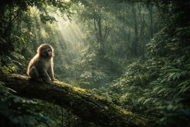 Monkey Resting Log Jungle Depth Wallpaper