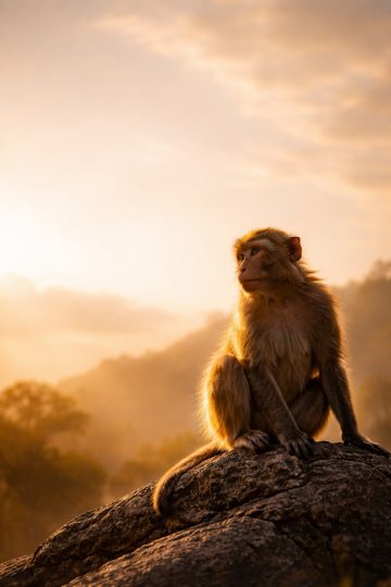 Monkey Sitting on Rock Golden Hour Wallpaper