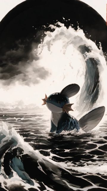 Mudkip Beneath a Towering Wave Wallpaper