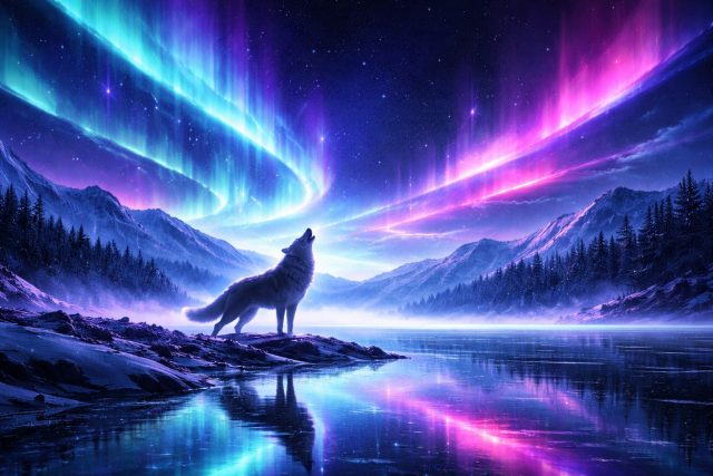 Neon Wolf Under Aurora Sky Wallpaper
