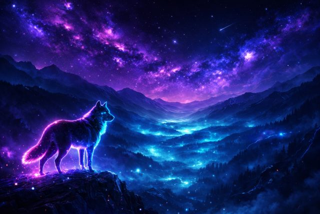 Neon Wolf Overlooking Galaxy Valley Wallpaper