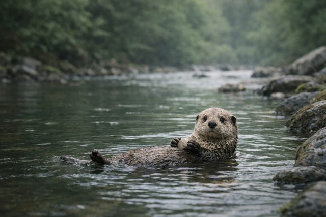 Otter Floating While Holding Stone in Calm River Wallpaper