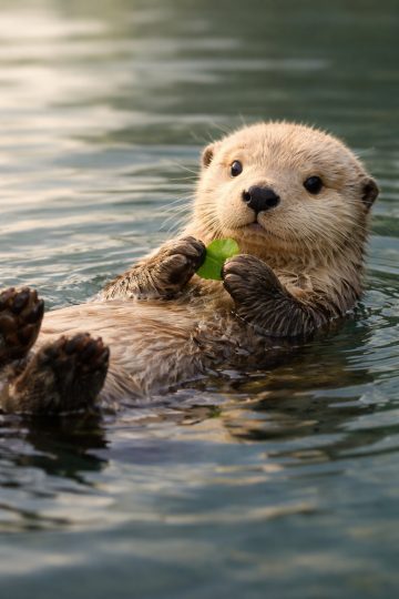 Otter Floating with Leaf in Calm Water Close-Up Wallpaper