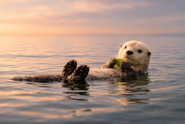 Otter Floating at Sunset Holding Leaf Wallpaper
