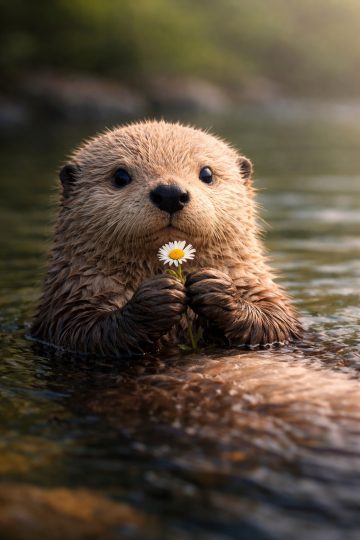 Otter Holding Daisy in Warm Golden Light Wallpaper