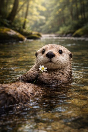 Otter Holding Flower in Forest Stream Wallpaper