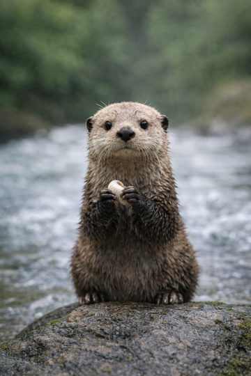 Otter Holding Shell on River Rock Portrait Wallpaper
