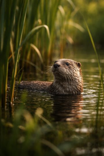 Otter Swimming Among Reeds in Golden Light Wallpaper