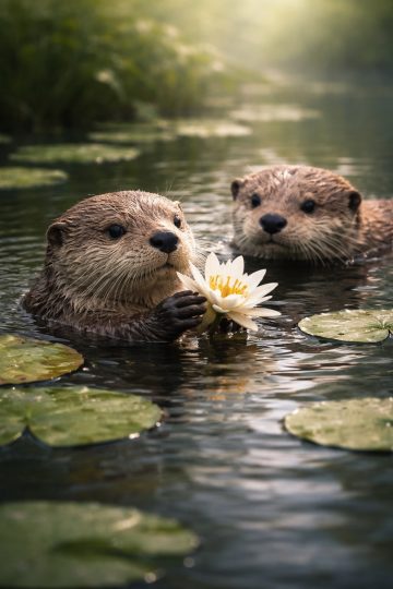 Two Otters with Water Lily Flower in Calm Pond Wallpaper