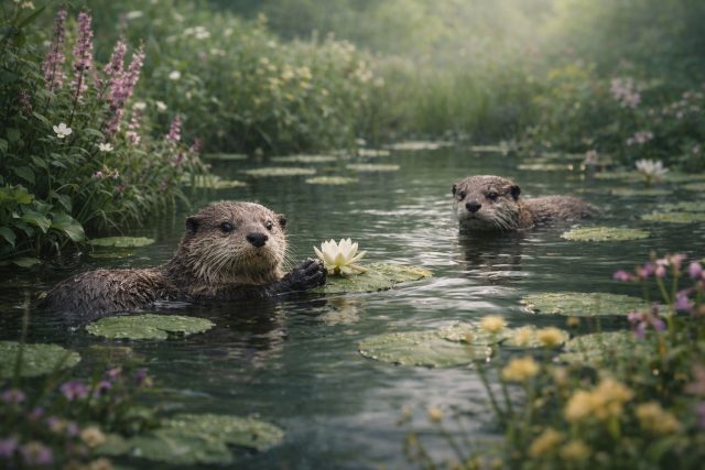 Two Otters with Lily Flower in Blooming Pond Wallpaper