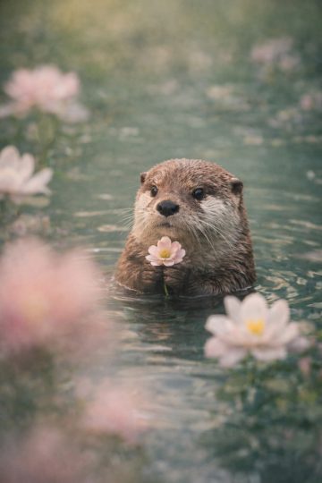Otter Holding Soft Pink Flower in Dreamy Pond Wallpaper