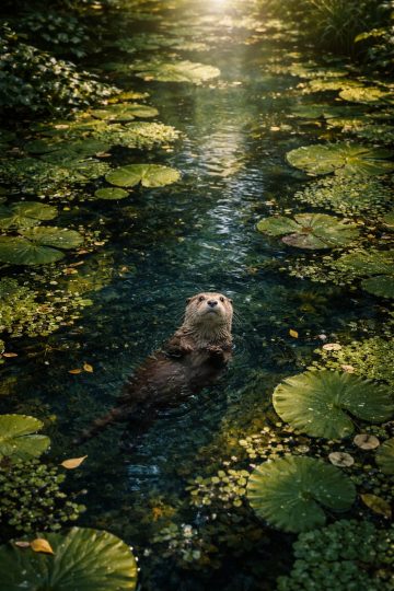 Otter Floating in Clear Lily Pond Top View Wallpaper