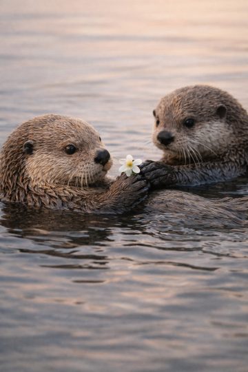 Two Otters Holding Flower Together Close-Up Wallpaper