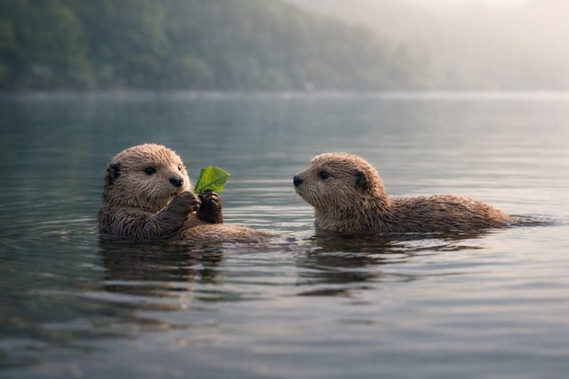 Two Otters with Leaf in Open Water Scene Wallpaper