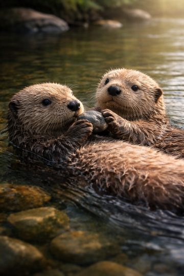 Two Otters Holding Stone Together at Sunset Wallpaper