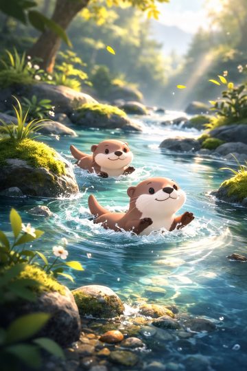 Playful Cartoon Otters Swimming in Clear Stream Wallpaper