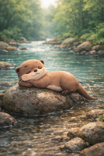 Cartoon Otter Resting on River Rock Wallpaper