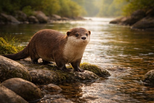 Otter on River Rocks in Warm Evening Light Wallpaper