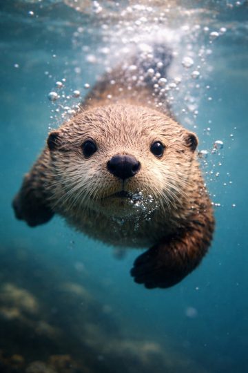 Close-Up Otter Swimming with Air Bubbles Wallpaper