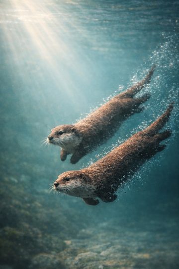 Two Otters Swimming Together in Sunlit Water Wallpaper