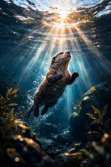 Otter Swimming Through Sunlit Water Rays Wallpaper