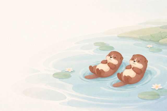 Otters Floating in Minimal Lake with Lily Pads Cartoon Wallpaper