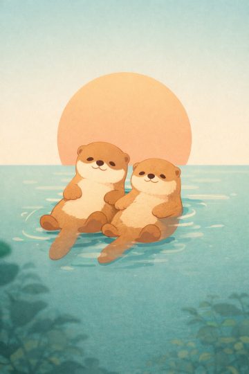 Otters Floating at Sunset in Ocean Cartoon Scene Wallpaper