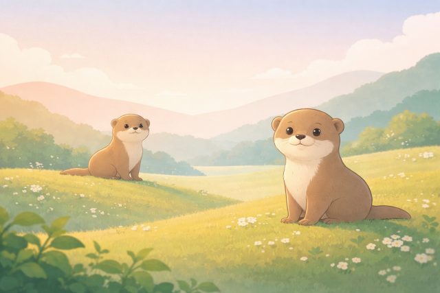 Otters in Meadow Landscape with Soft Sunlight Cartoon Wallpaper