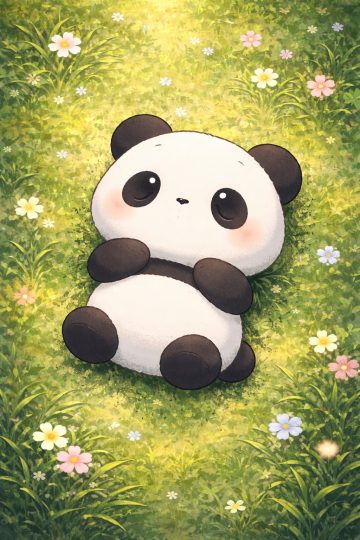 Baby Panda Close Portrait Lying in a Flower Field Wallpaper