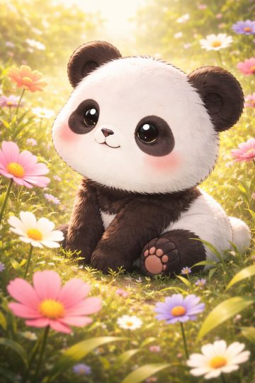 Baby Panda Close Portrait in Spring Daisy Field Wallpaper