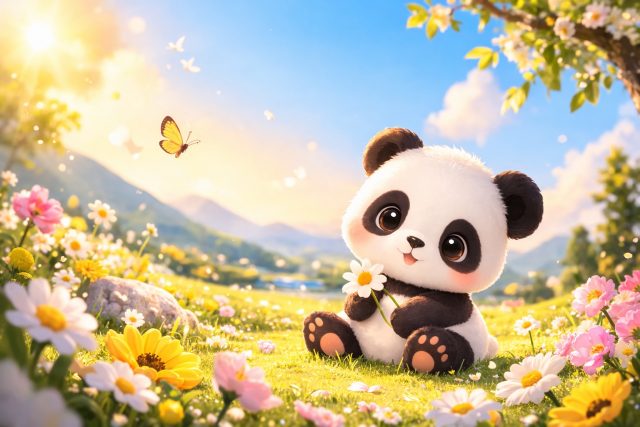 Baby Panda Close Portrait in Sunny Valley Flower Meadow Wallpaper
