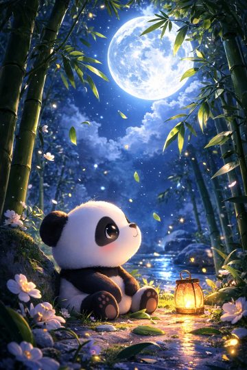 Cute Panda in Bamboo Forest with Lantern and Full Moon Wallpaper