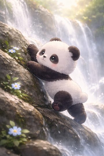 Panda Climbing Waterfall with Misty Flowers Wallpaper