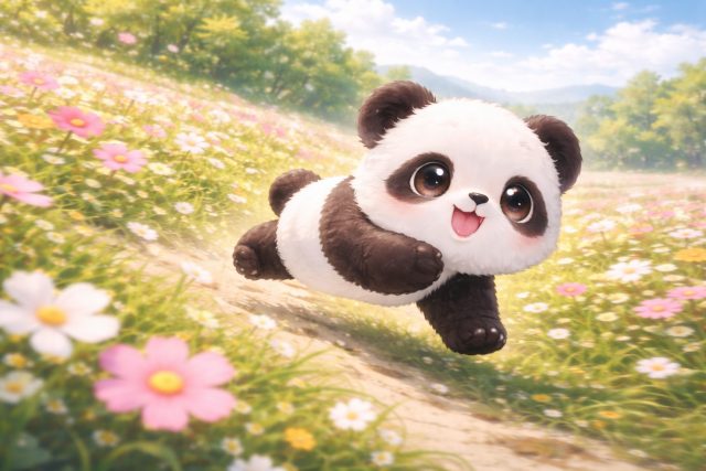 Panda Running Diagonally Through Flower Field Wallpaper