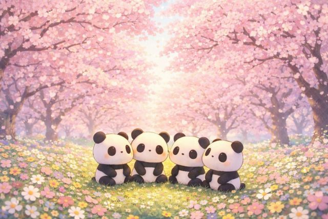 Cute Panda Family in a Cherry Blossom Flower Garden Wallpaper