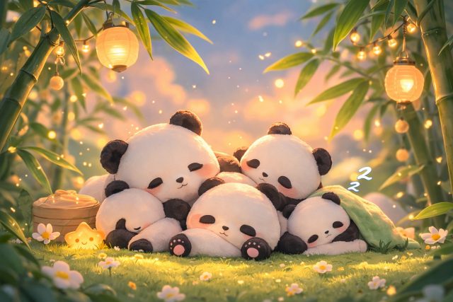 Sleeping Panda Family in Bamboo Lantern Garden Wallpaper