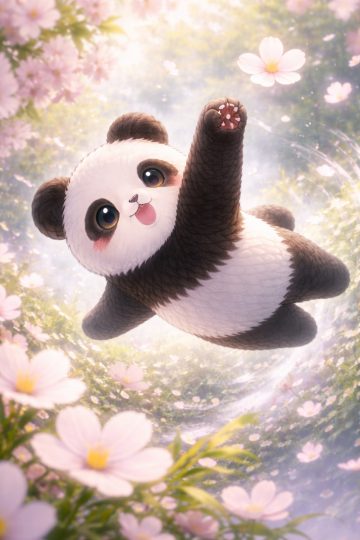 Panda Floating Through Swirling Flower Field Wallpaper
