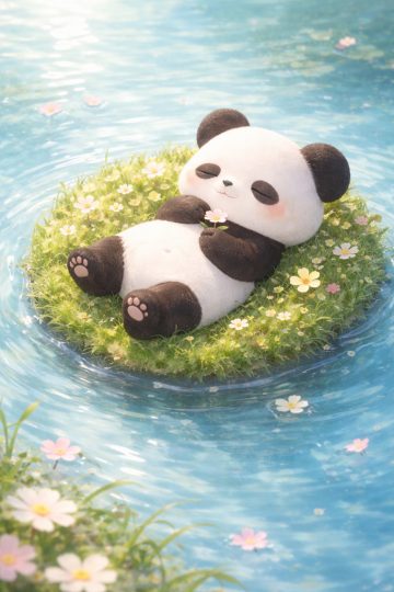 Panda Resting on Floating Flower Island Wallpaper