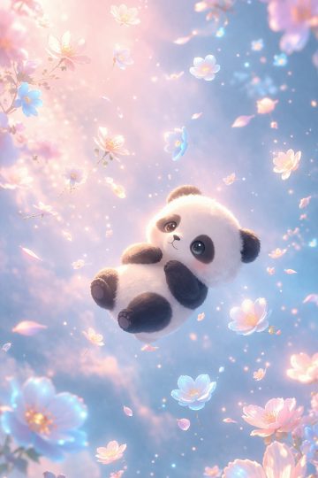 Floating Panda in Dreamy Flower Sky Wallpaper