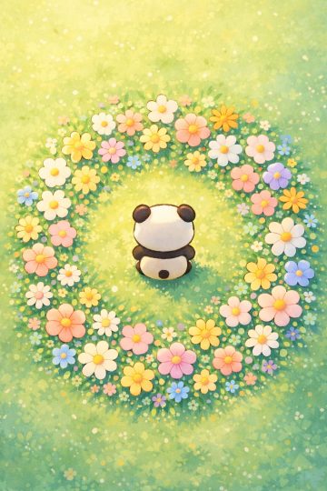 Cute Panda Surrounded by a Circle of Flowers Garden Wallpaper